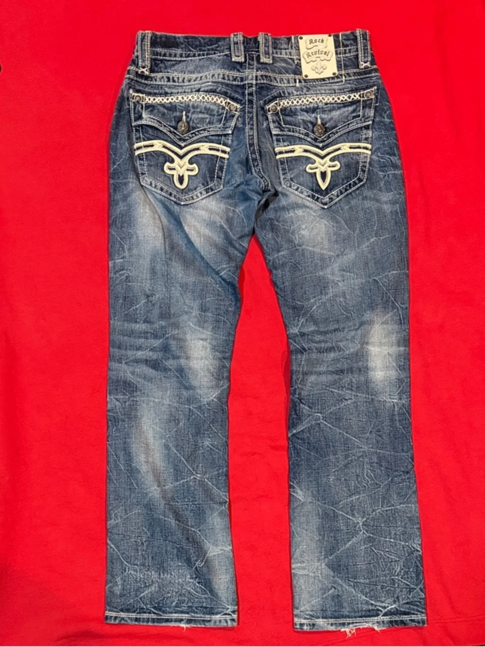 Rock Revival Benjamin Men’s Jeans 31 Distressed Fleur De Lis Straight Bootcut